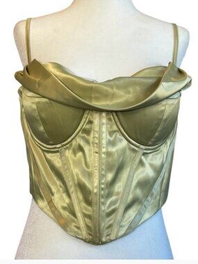 Sage Olive Green Cowl Neck Bustier Corset Cropped Boned Silky Party Tank Top XL
